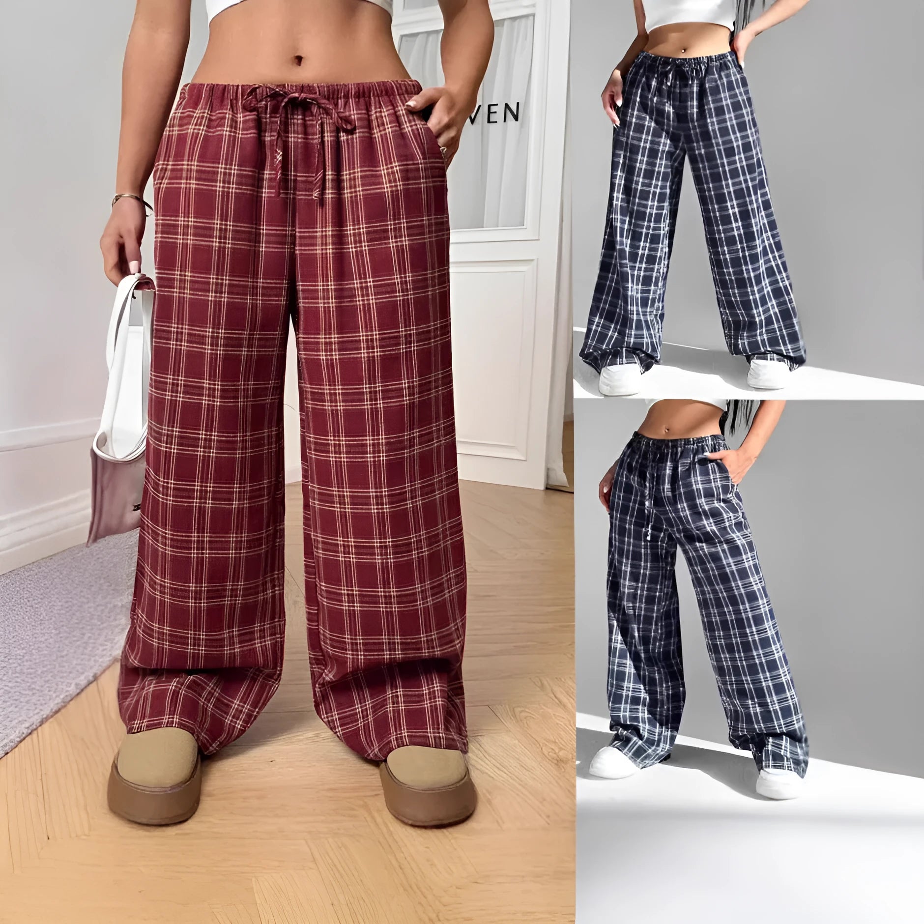 Women's casual plaid trousers with drawstring waist and side pockets in blue or red colours