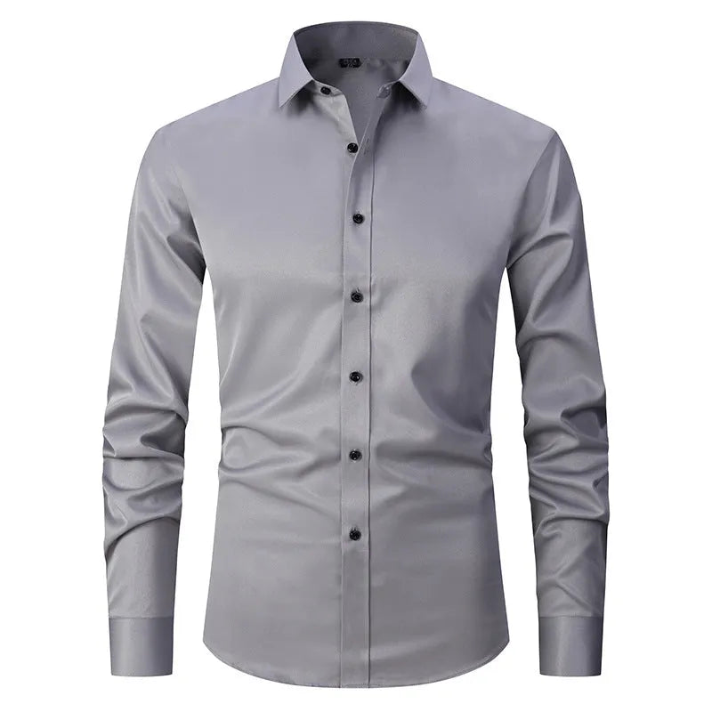Men's long sleeve slim fit cardigan shirt in solid colour, stretch polyester blend, sizes 38-48