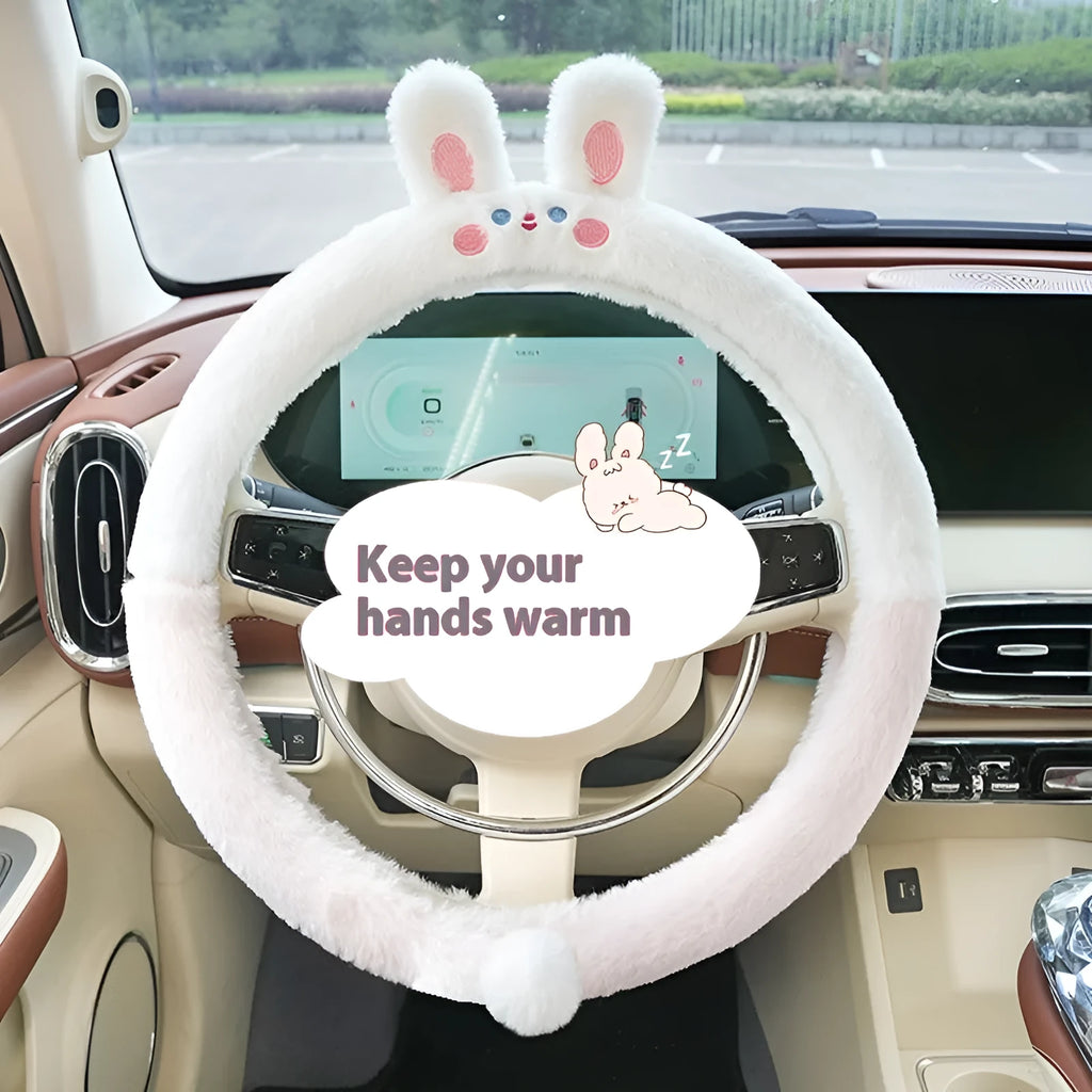 Plush cartoon animal embroidered steering wheel cover with rabbit fur, for winter.