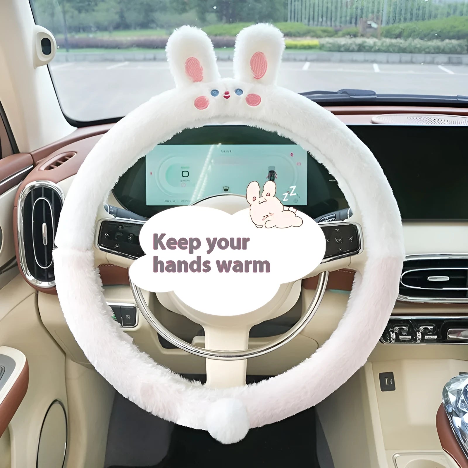 Plush cartoon animal embroidered steering wheel cover with rabbit fur, for winter.