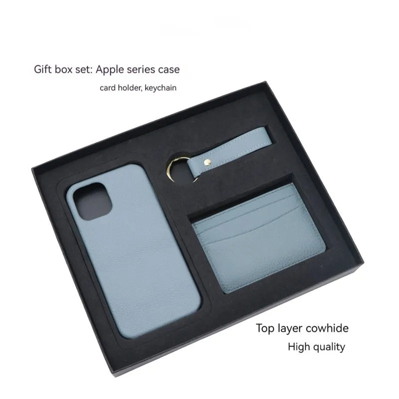 Genuine leather iPhone case gift set with matching keychain and card holder in a selected colour