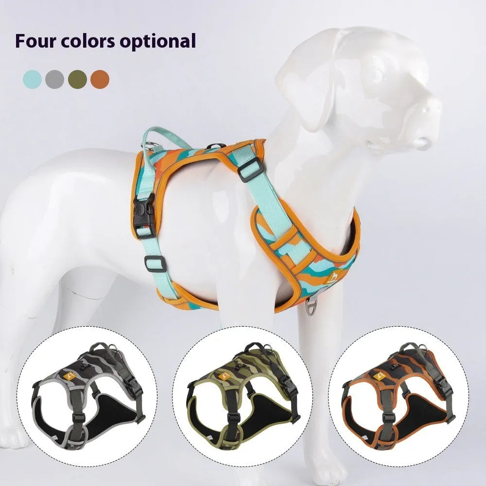Orange reflective dog commuter rope with chest and back harness and hand-holding lead on a grey background