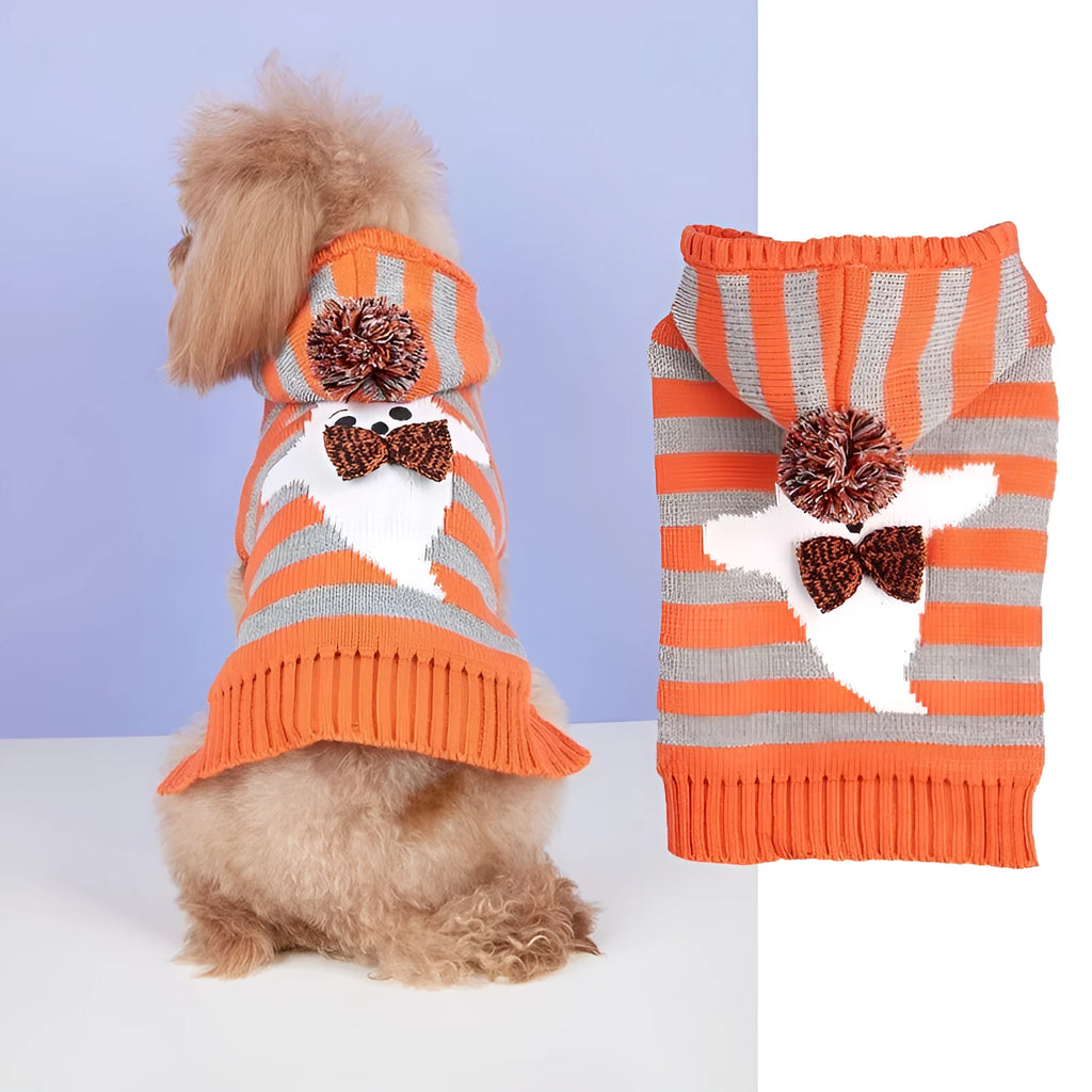 Orange knitted pet sweater with striped pattern, hood and fur balls for Halloween