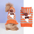 Orange knitted pet sweater with striped pattern, hood and fur balls for Halloween