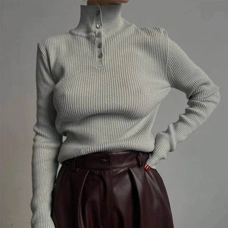 Retro silver gray half turtleneck pullover sweater with single-breasted placket and slim fit design