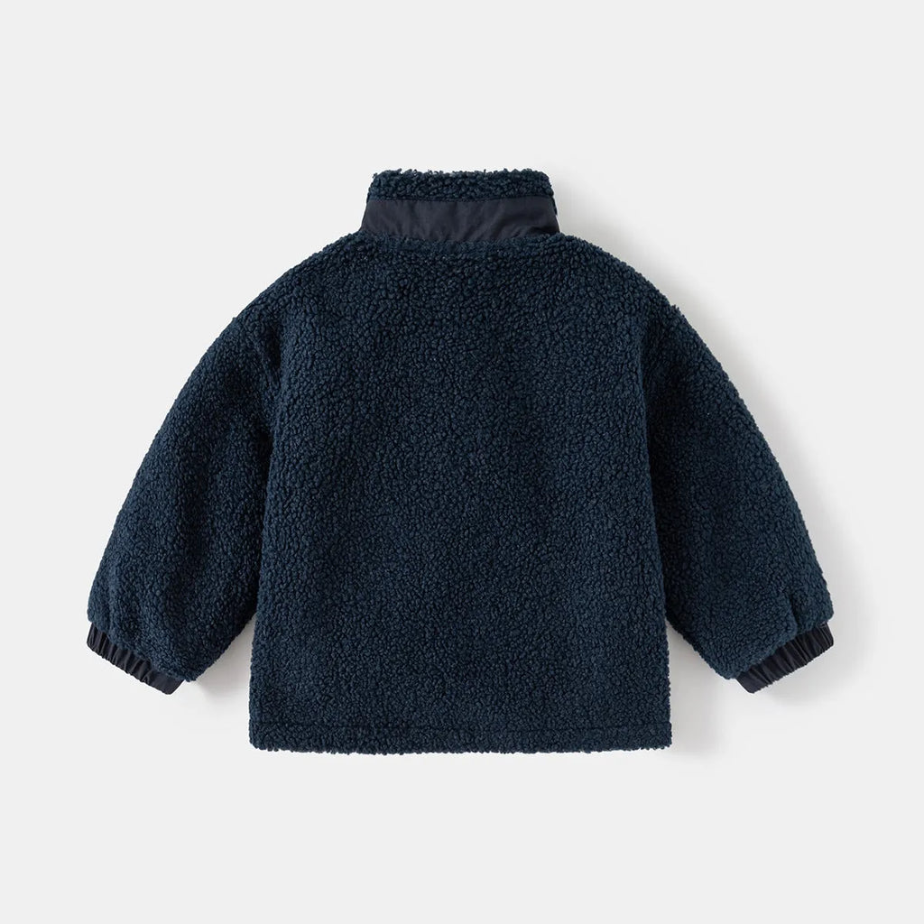Boys' thickening fleece coat with stand collar and zip in navy blue or army green, sizes 90cm to 130cm