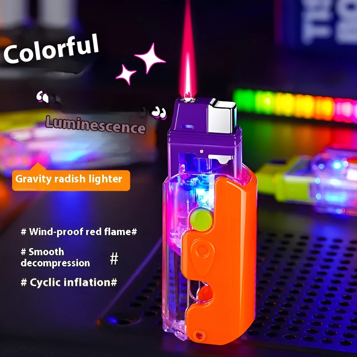 Windproof plastic lighter in luminous orange, purple or green with simple bare metal finish