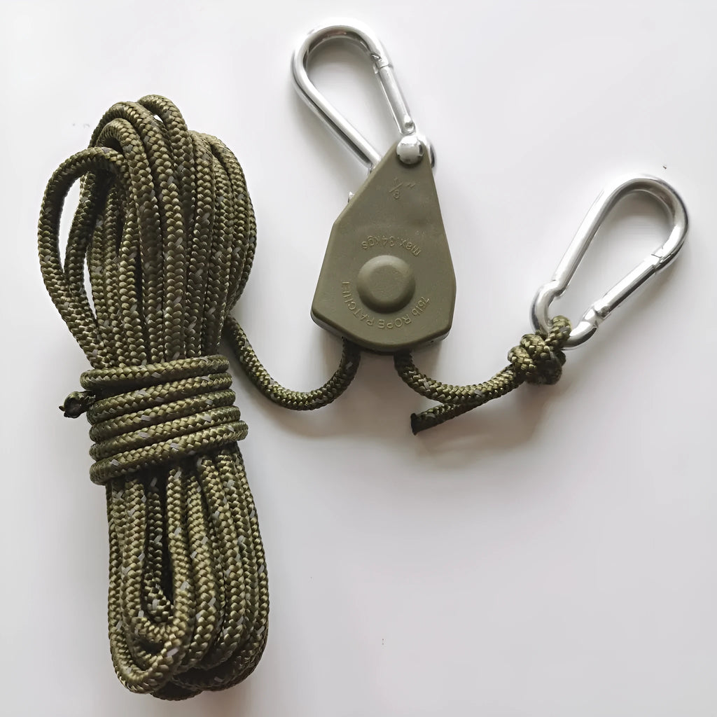 Tent guy rope with pulley adjuster, 4mm nylon cord, 4M or 5M, Army Green or Coffee.