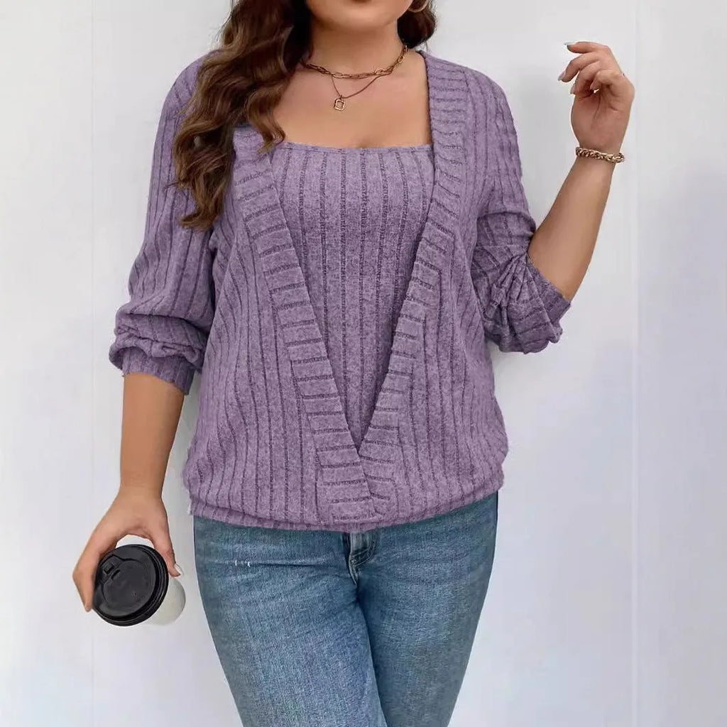 Women's solid colour rib fabric V-neck long sleeve two-piece suit dress