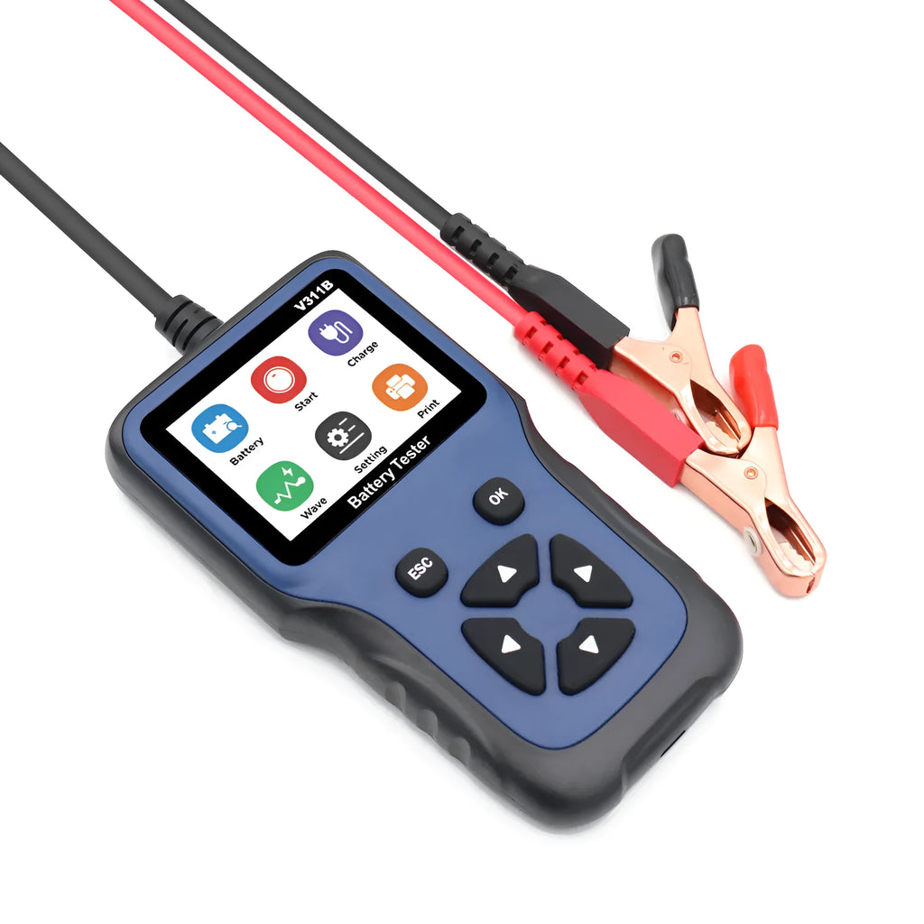 Car battery voltage tester with 2.8 inch colour screen, black and red alligator clips and 1m cable