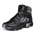 Men's high-top hiking shoes in black camouflage with artificial PU upper and metal hardware.