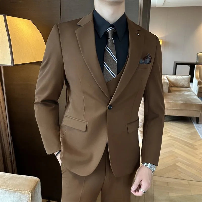 Men's slim fit business formal suit jacket in dark green, brown, or camel colour