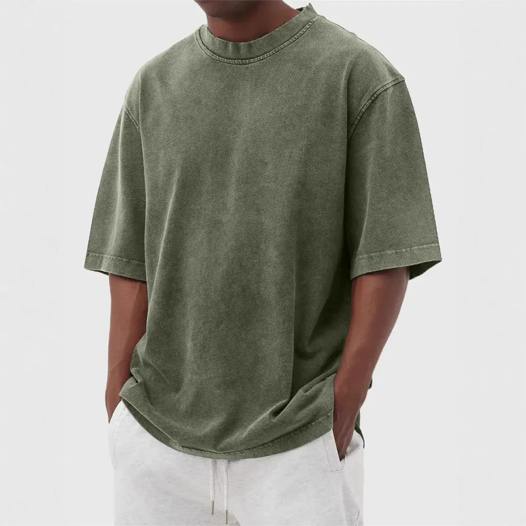 Men's stone-washed polyester pullover t-shirt in army green colour with loose fit design