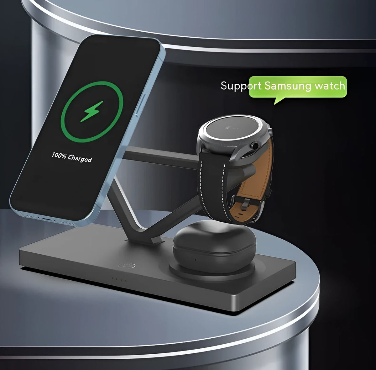 Five-in-one bedside wireless charger with magnetic phone bracket, watch charging spot, headphone charging and LED night light