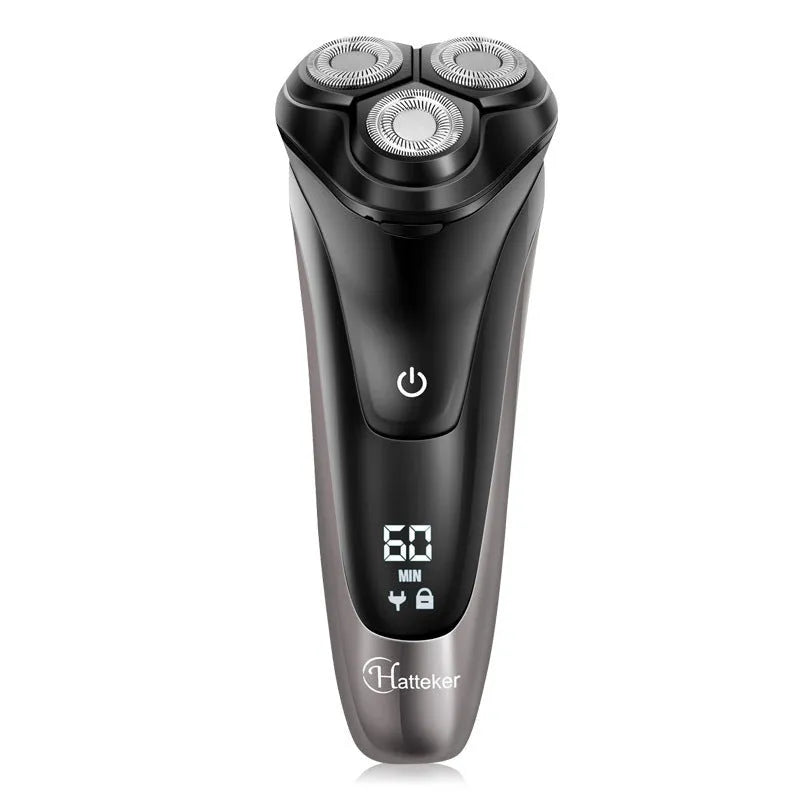 Men's electric shaver with three floating cutter heads and pop-up sideburn trimmer in grooming kit