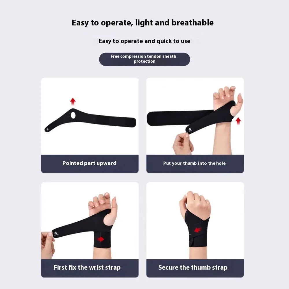 Adjustable black athletic wristguard worn on a wrist, suitable for badminton, tennis, and volleyball.