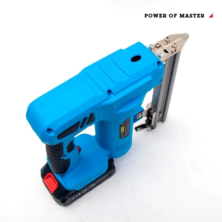 Blue wireless lithium battery pneumatic straight nail gun for decoration and carpentry with two batteries and one charger