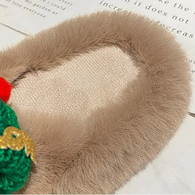 Women's black Christmas hat design faux plush slippers with a rubber sole