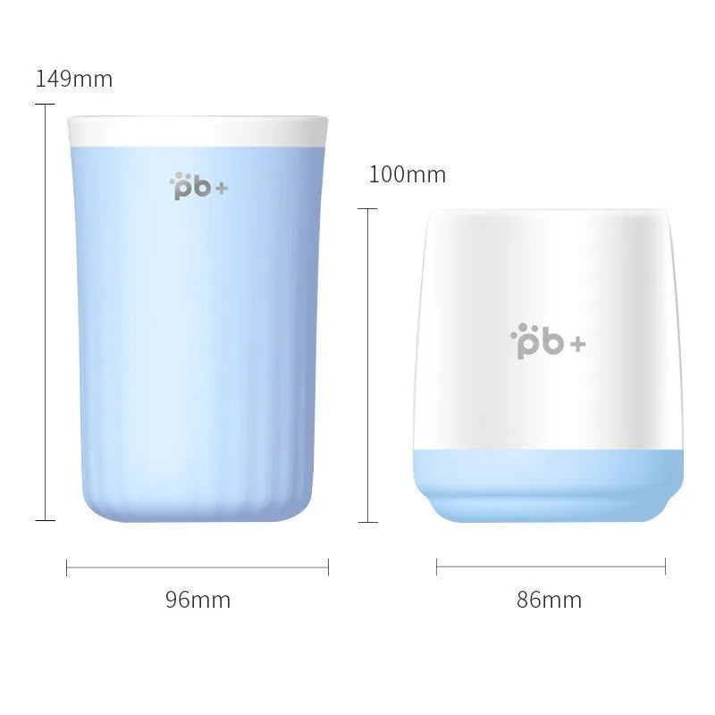 Plastic pet foot washing cup for dogs, shown in small or large and blue or pink options.
