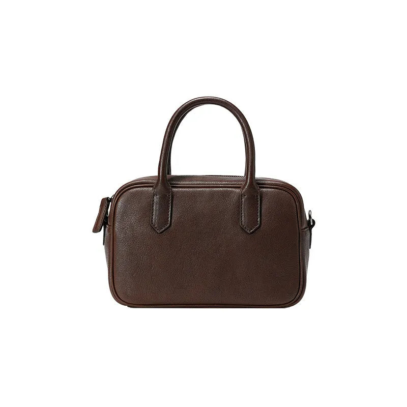 Genuine top grain leather crossbody handbag for women with horizontal square shape in black