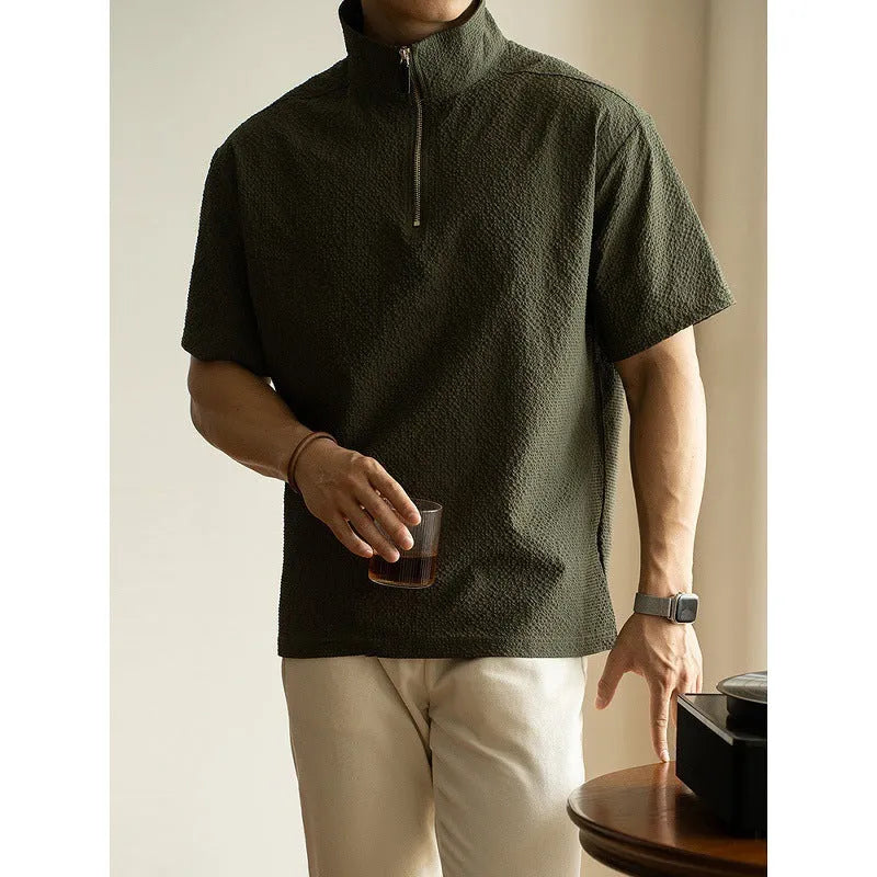 Men's cedar green loose fit short sleeve polo shirt made from quick-dry polyester fabric