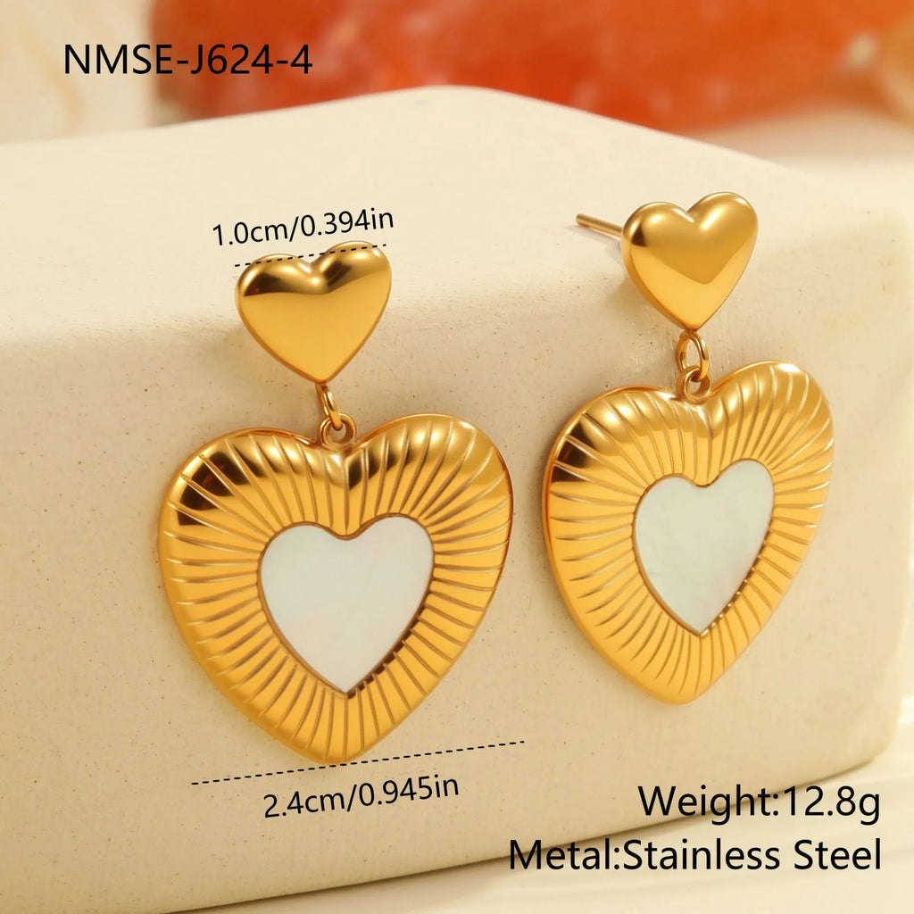 Gold-coloured heart-shaped stainless steel earrings with electroplated finish for women