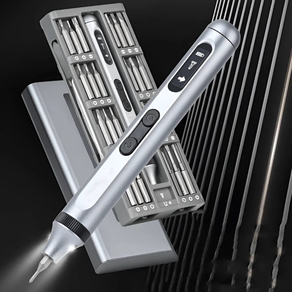 Precision electric screwdriver with aluminium alloy handle, showing compact size and dual-mode operation for torque control.