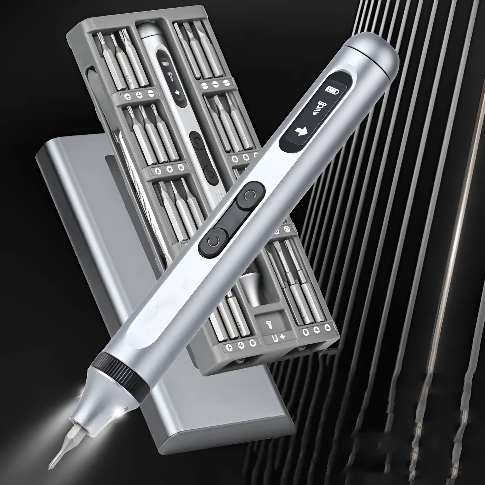 Precision electric screwdriver with aluminium alloy handle, showing compact size and dual-mode operation for torque control.