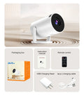 White mini wireless portable HD projector with power plugs for EU, UK and US regions.