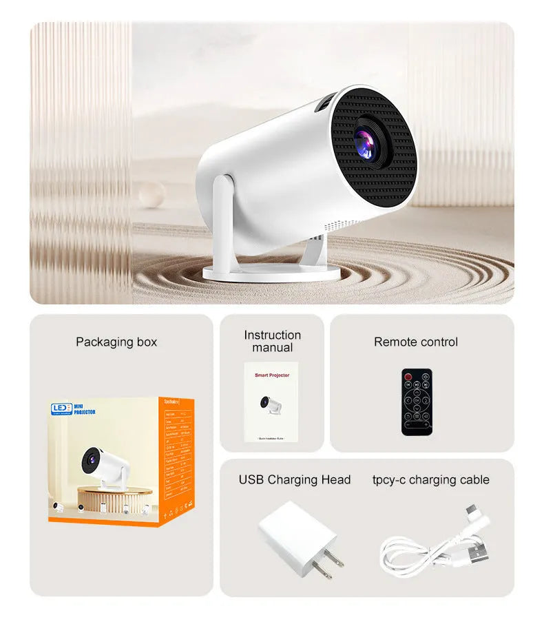 White mini wireless portable HD projector with power plugs for EU, UK and US regions.