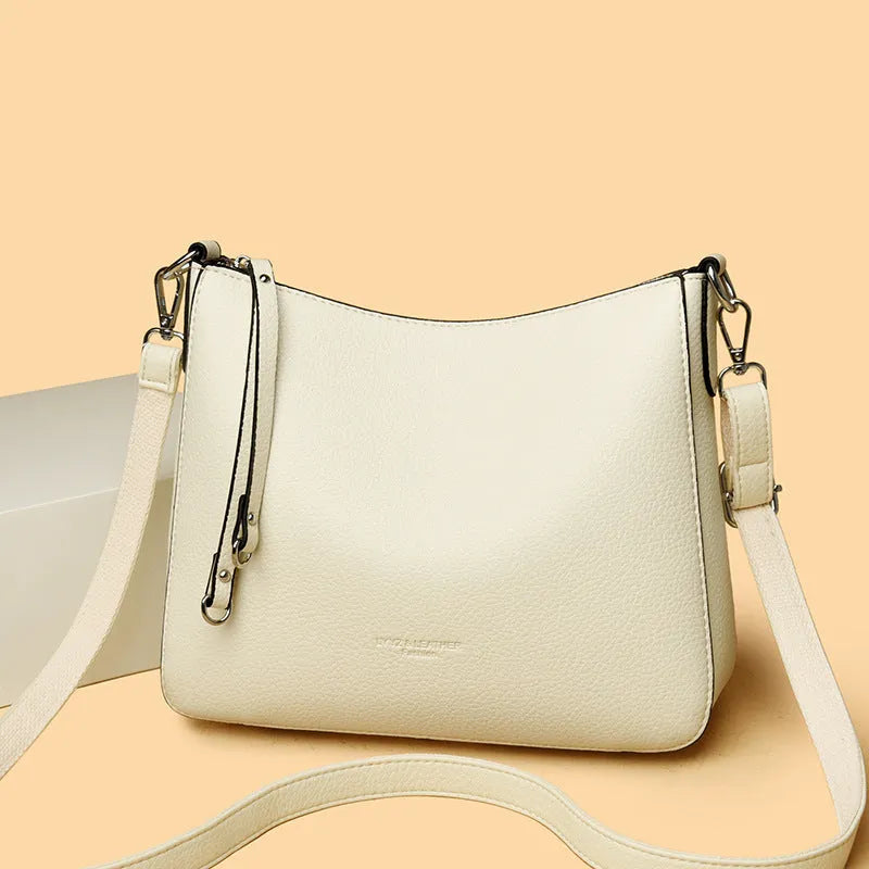 Genuine leather shoulder crossbody bag, soft horizontal square, six colours, metal and belt decoration