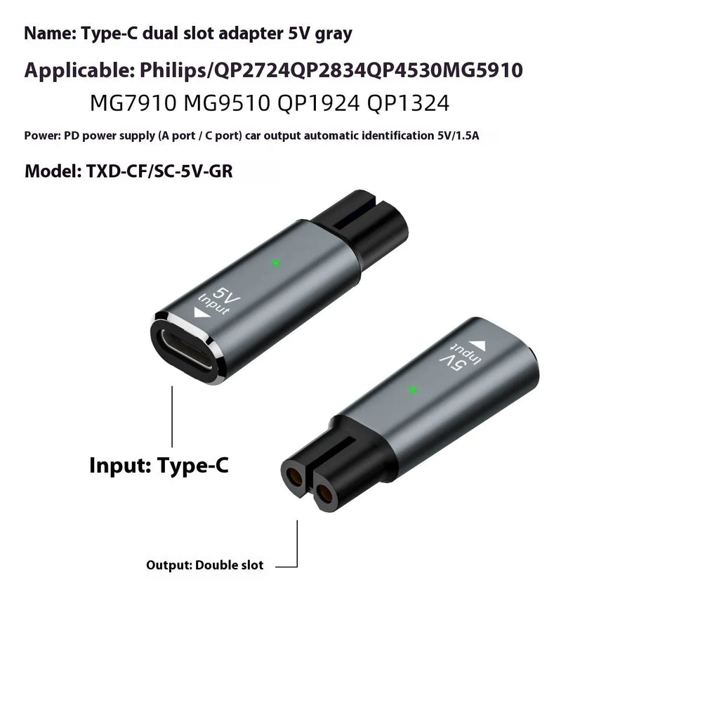 Black USB C charging adapter for electric shavers and hair clippers with 4.3V 8W output.