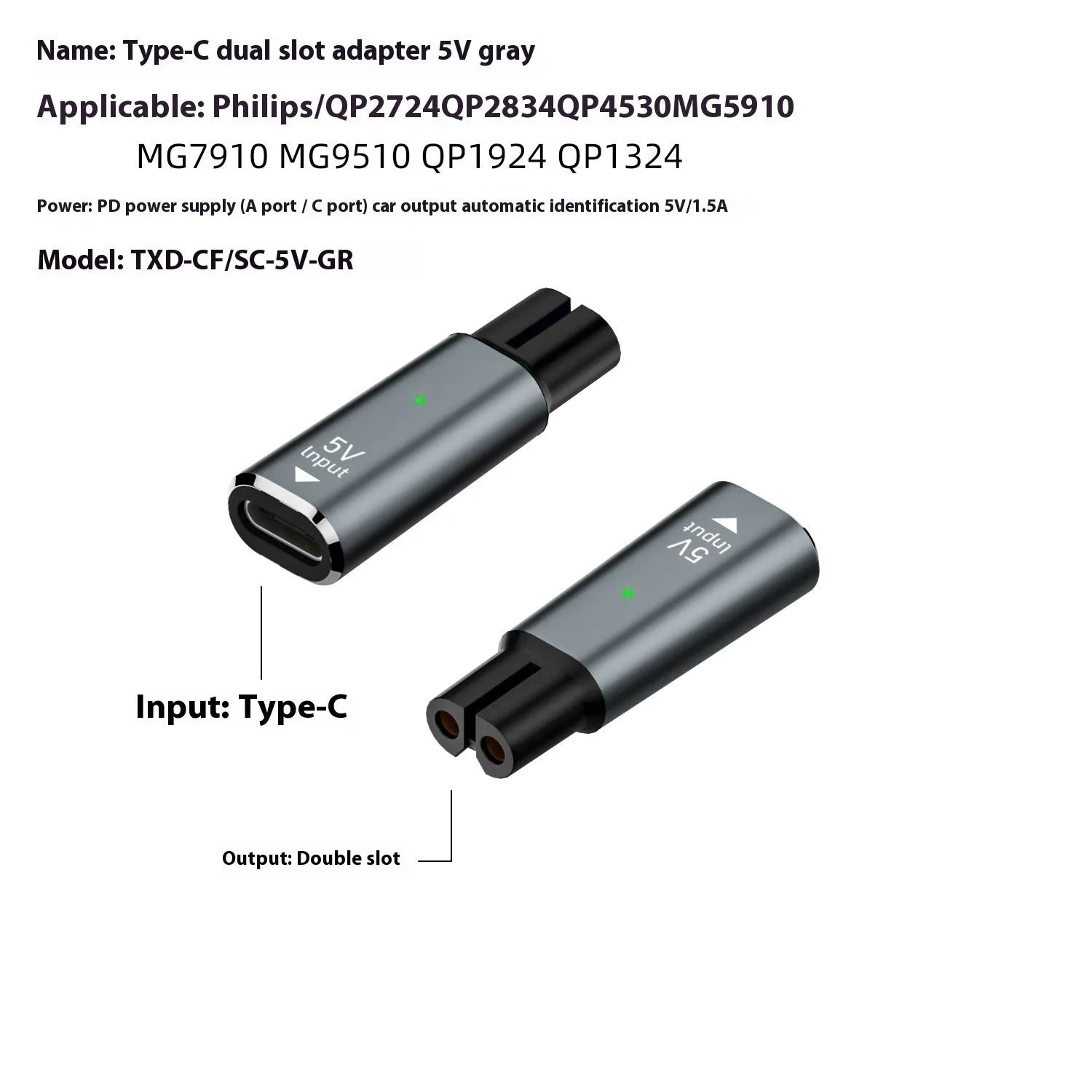 Black USB C charging adapter for electric shavers and hair clippers with 4.3V 8W output.