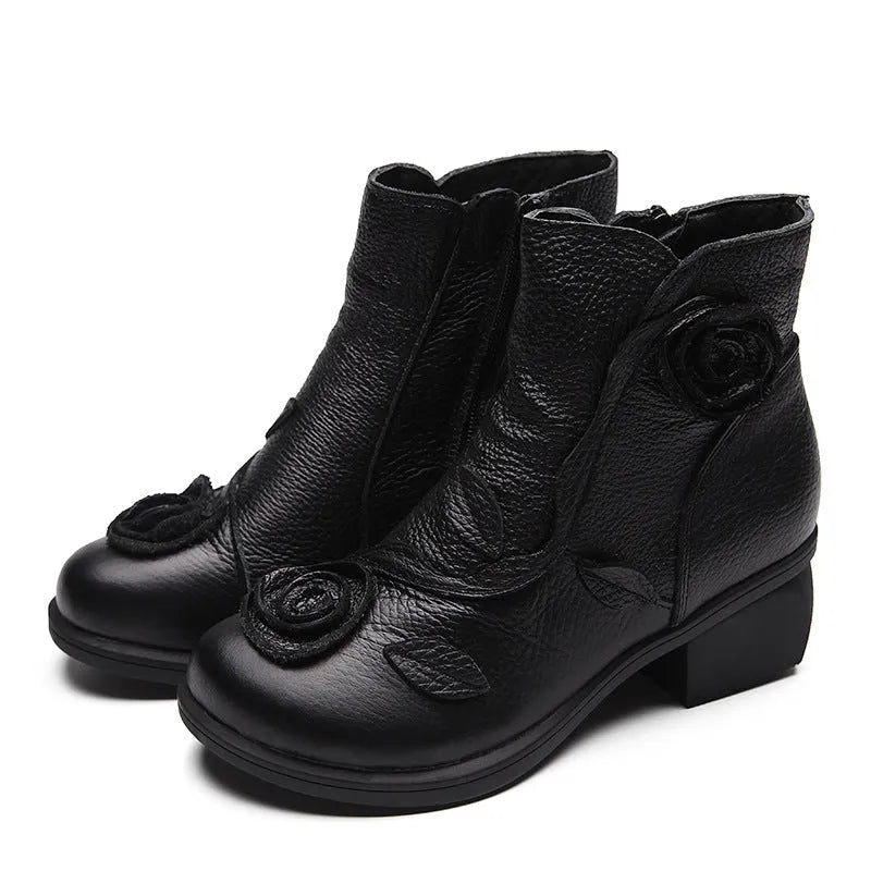 Handmade genuine leather Martin boots with chunky 3-5cm square heel, round toe and ethnic floral embossed upper, red or black.