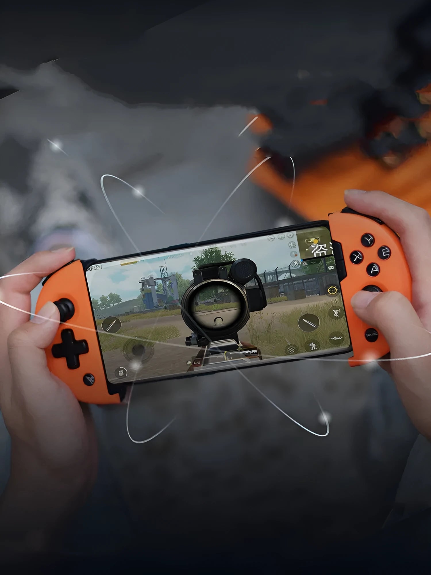 Feizhi Wee 2T stretchable mobile game controller in blue or orange, showing USB plug.