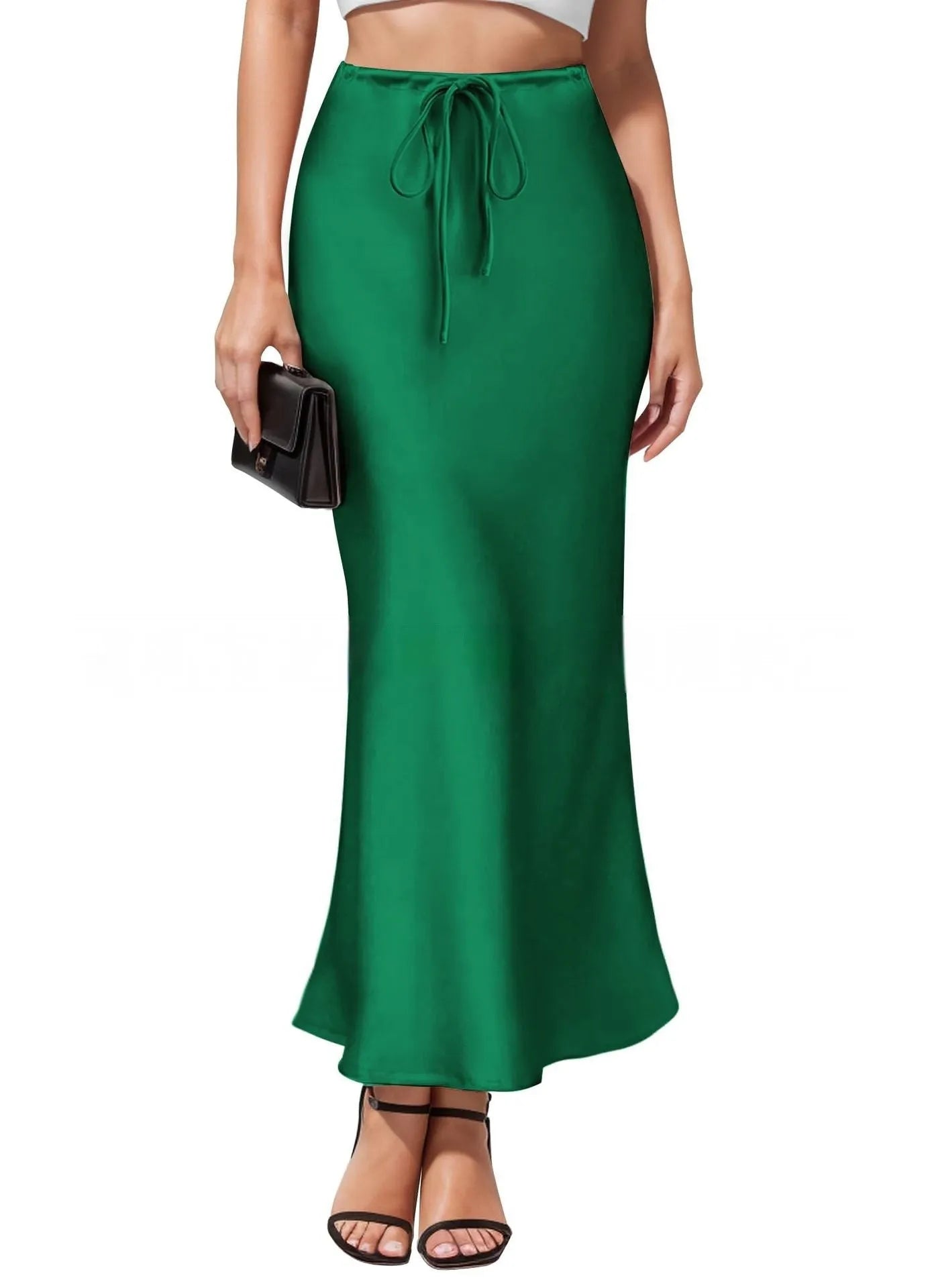 Asymmetric high-waisted acetate satin skirt in a solid colour with irregular stitching detail