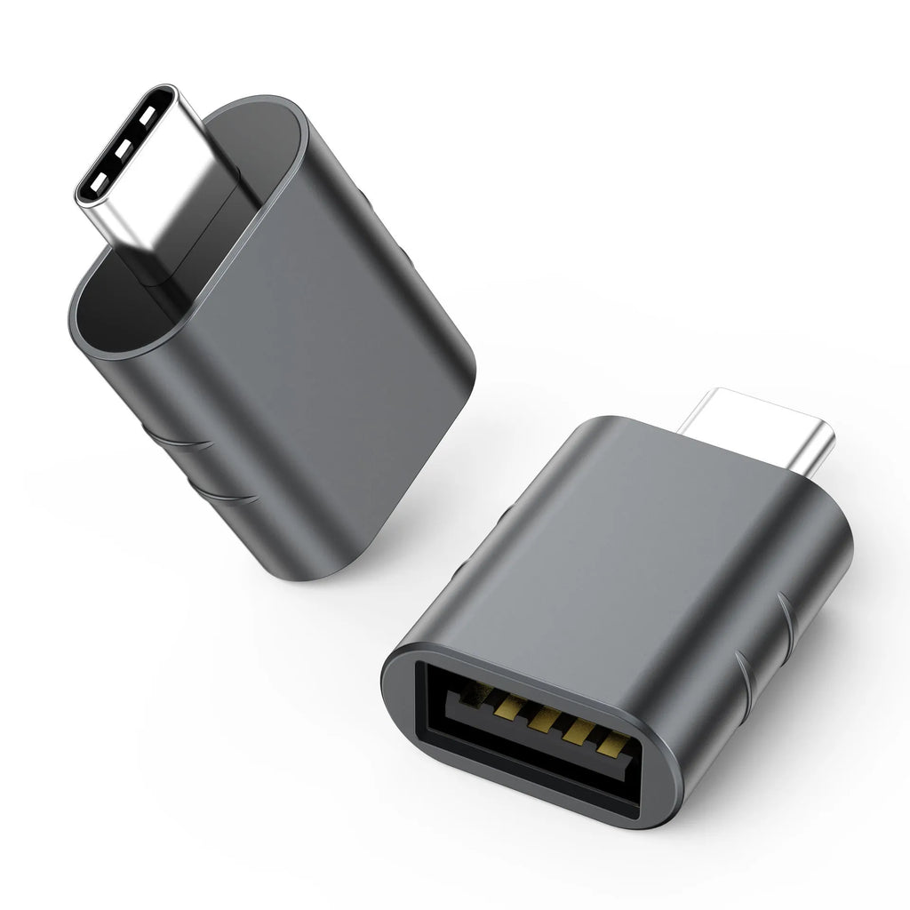 USB-C to USB-A adapter with metallic zinc alloy shell in various colour finishes.