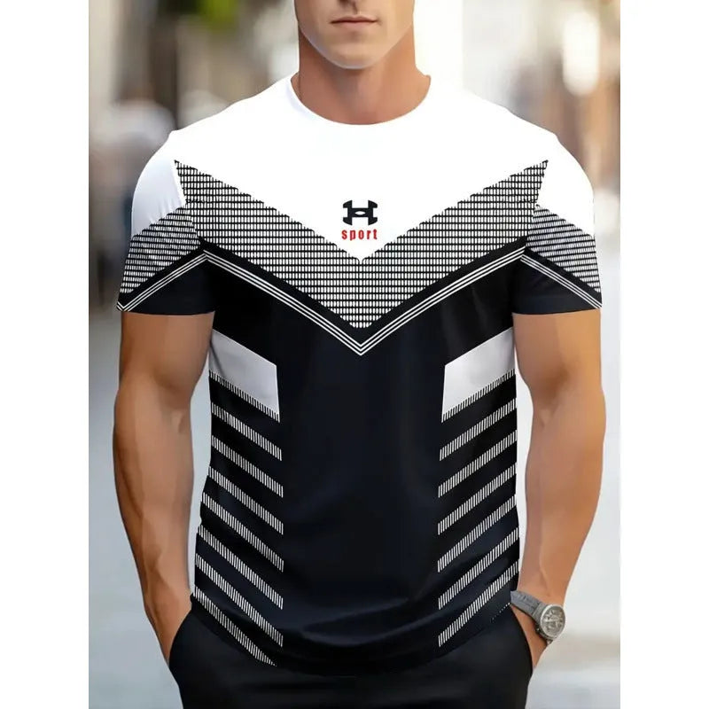 Men's loose-fit short-sleeved T-shirt with digital 3D stripe printing in various colour styles