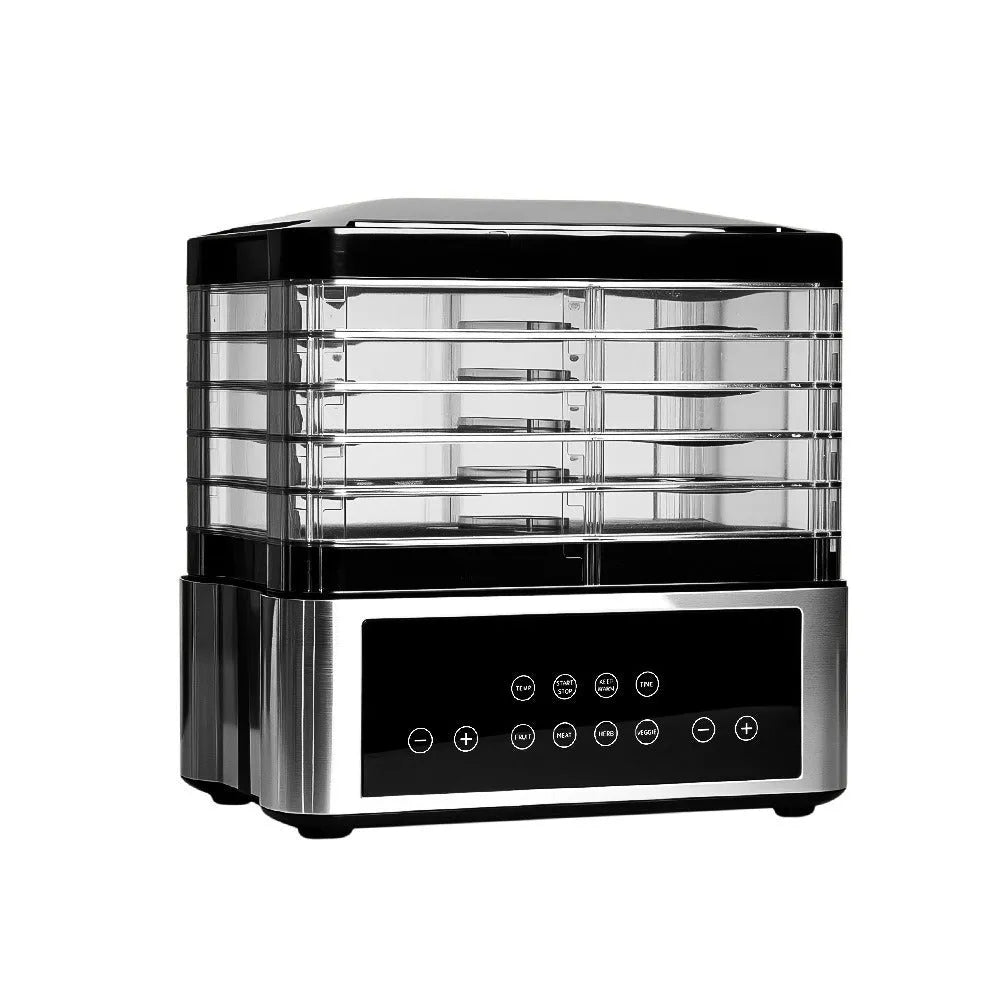 Silver stainless steel household food dehydrator with 14-litre capacity on a kitchen counter.