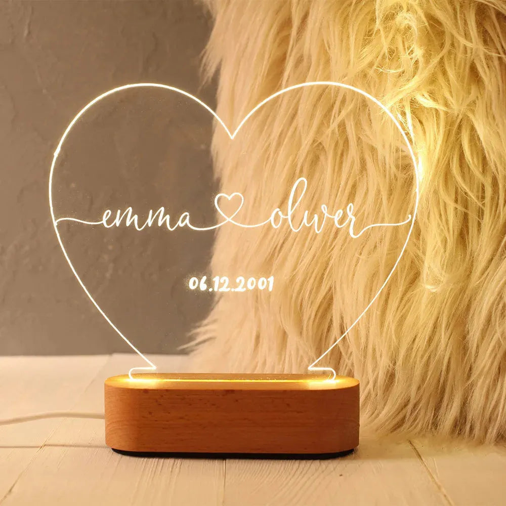 Personalised acrylic night light with custom names and dates, USB powered, modern art design