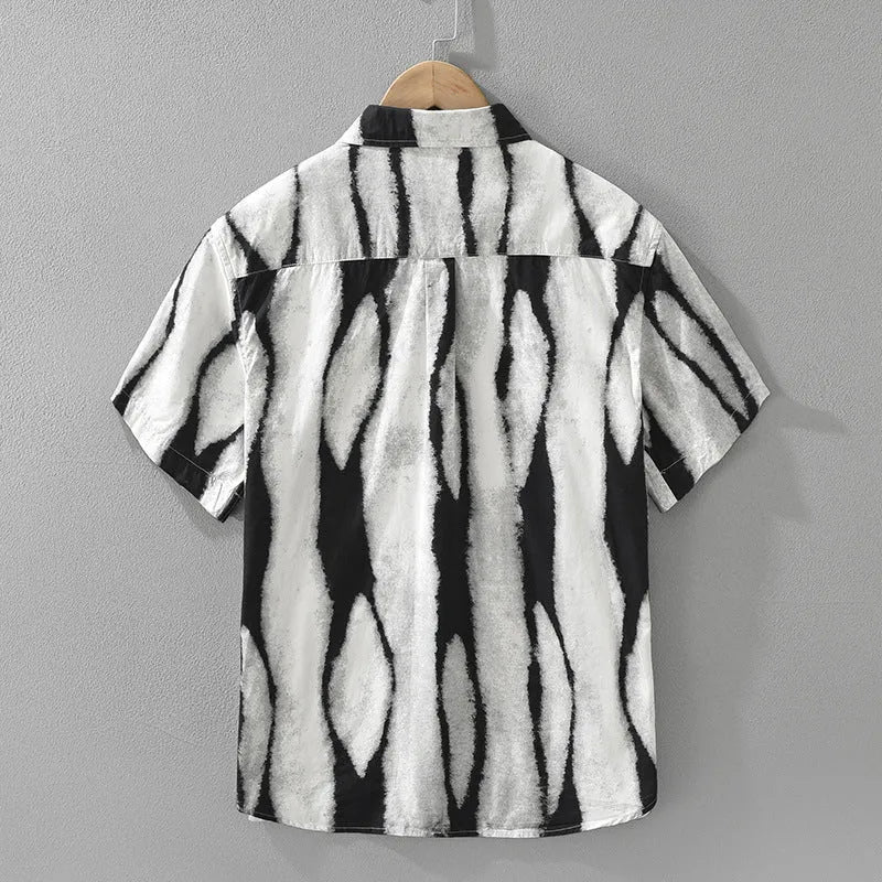 Men's black retro striped cotton short sleeve shirt with loose cardigan fit