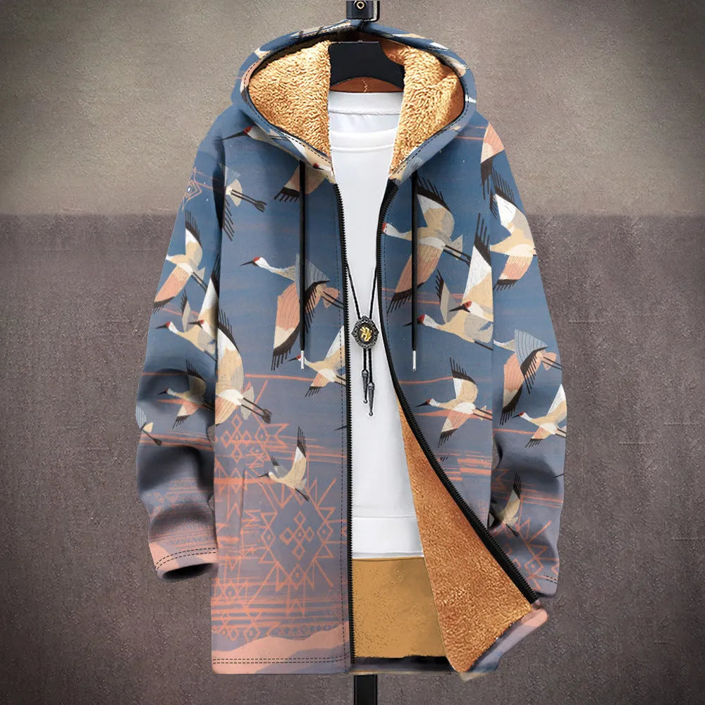 Man wearing a multicolour patterned zip-up hooded cardigan in a loose fit style.
