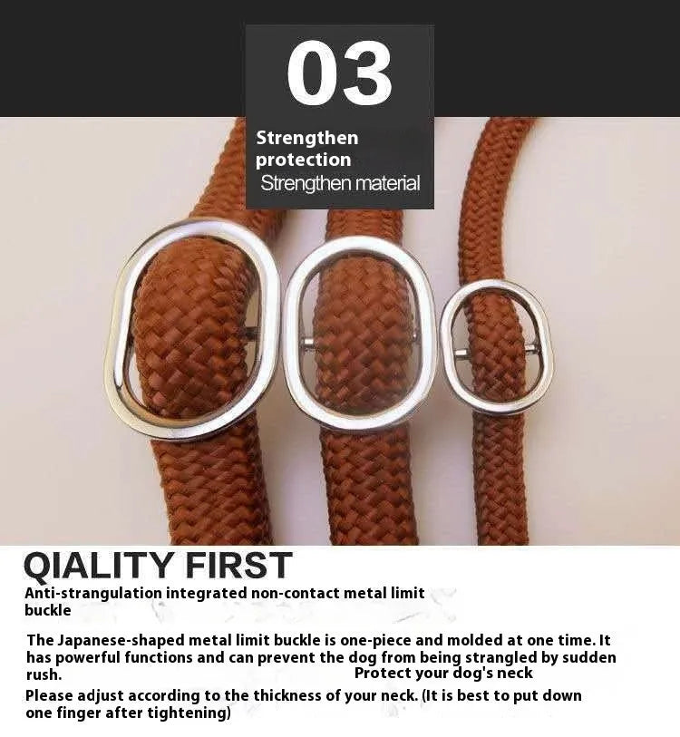 Brown nylon dog lead with P-chain handle showing rope-style construction