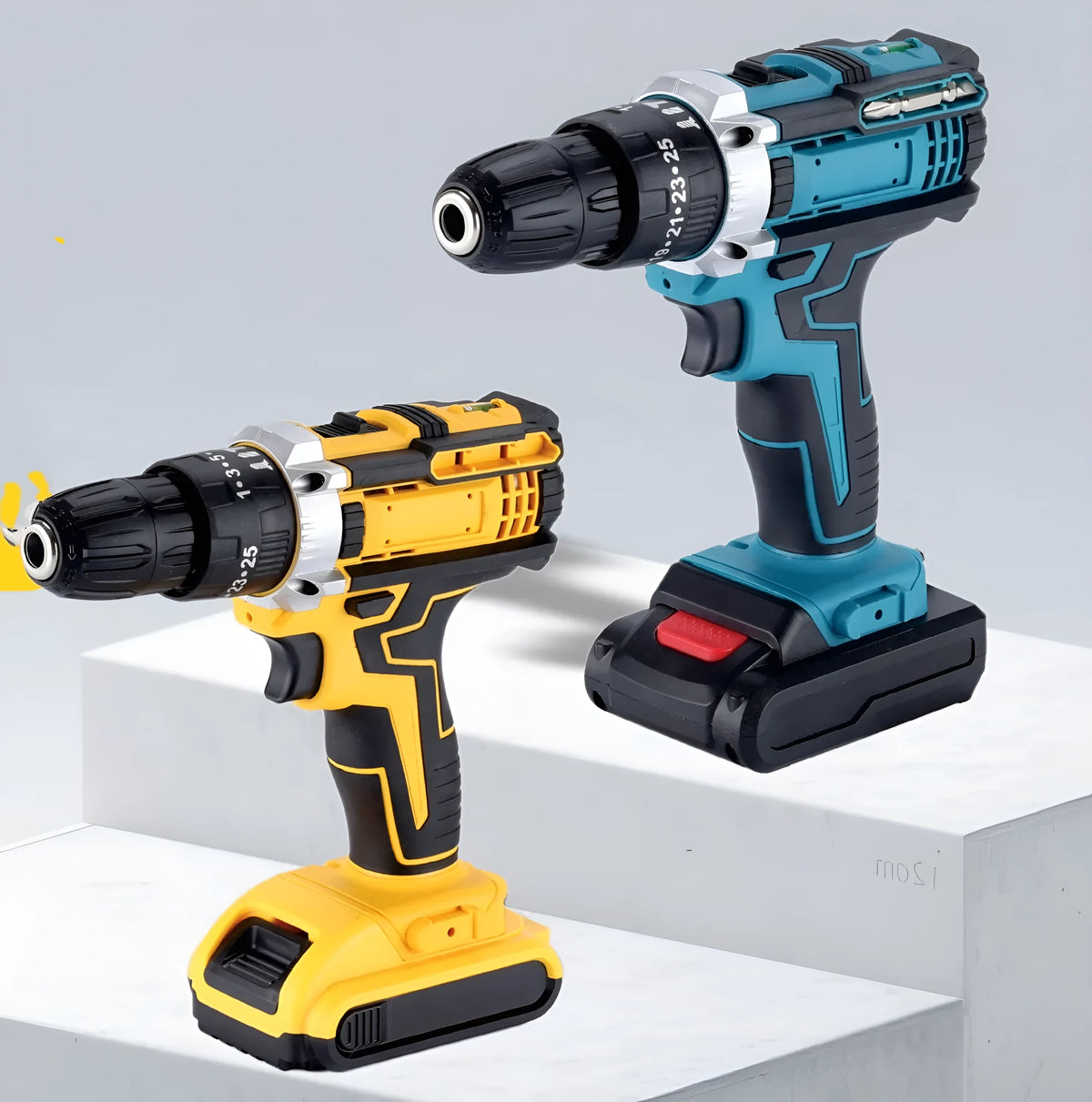 Multifunctional lithium electric drill screwdriver set with rechargeable battery, three-jaw chuck, and plastic storage box.