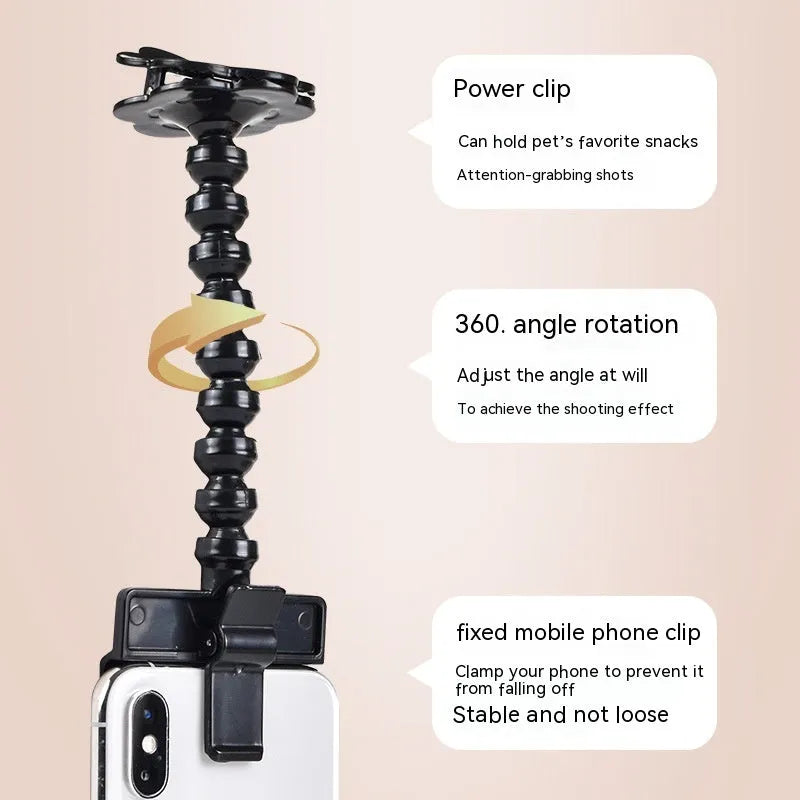Black plastic pet photography mobile phone holder with treat clip and 360° rotation mechanism
