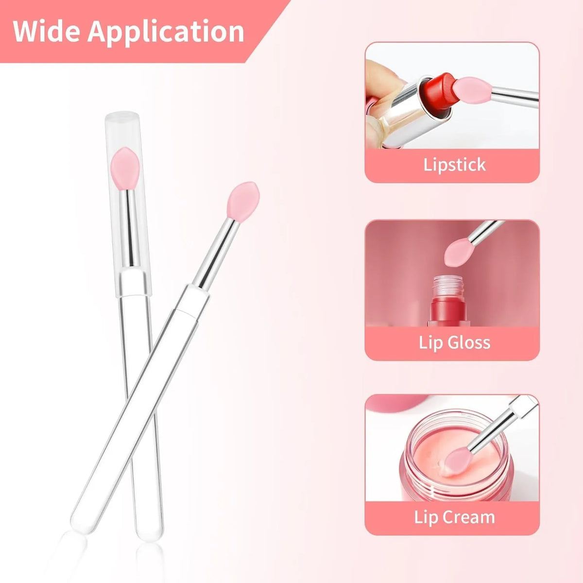 Set of reusable silicone lip brushes with protective caps in various colours on a pink background.