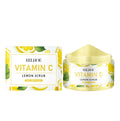 Tube of lemon exfoliating body scrub with walnut shell powder and vitamin C for skin brightening