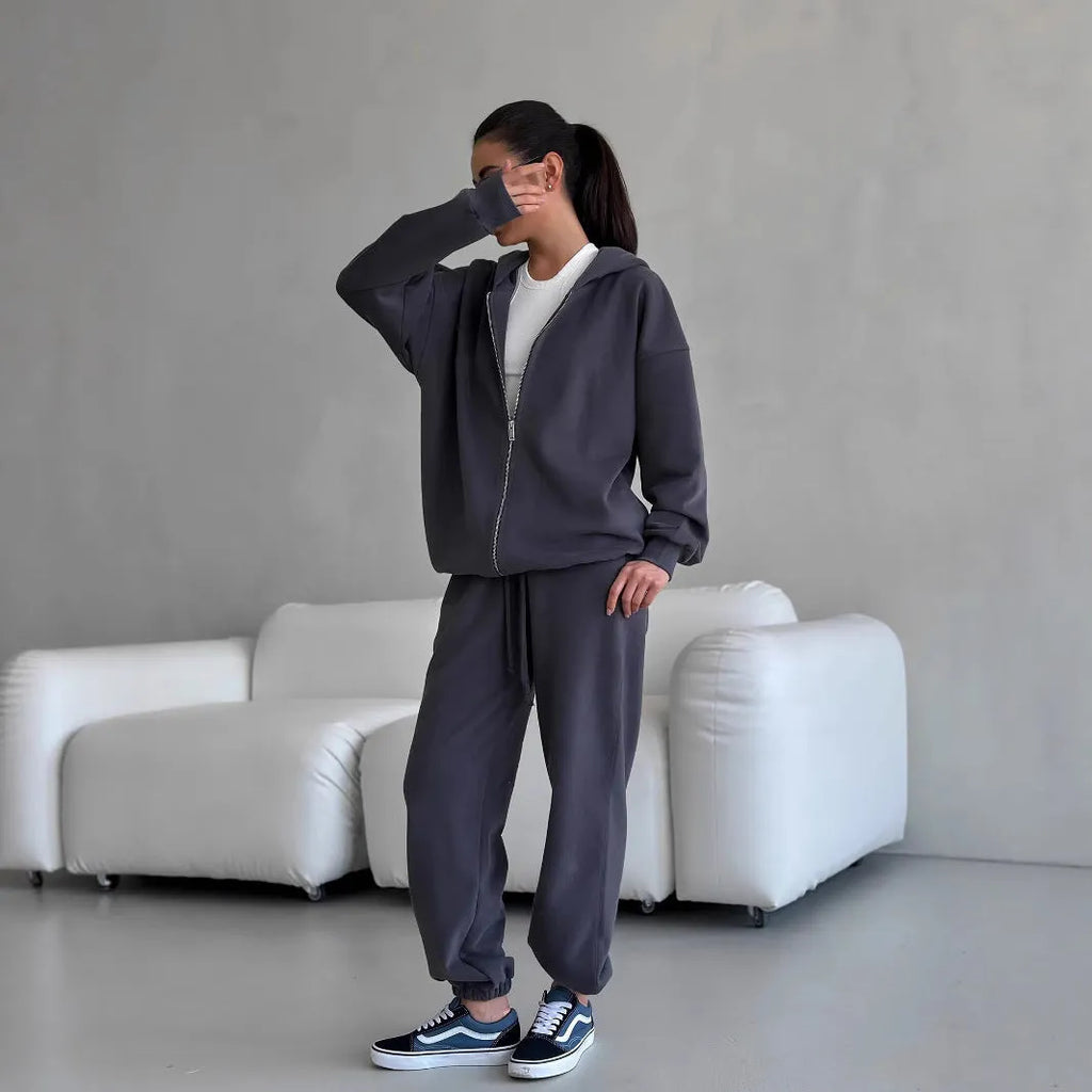 Street style long-sleeved coat and trousers two-piece set in loose fit polyester