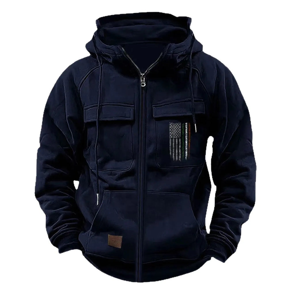 Men's loose fit hooded sweatshirt with zip, long sleeves, polyester fabric, available in multiple colours