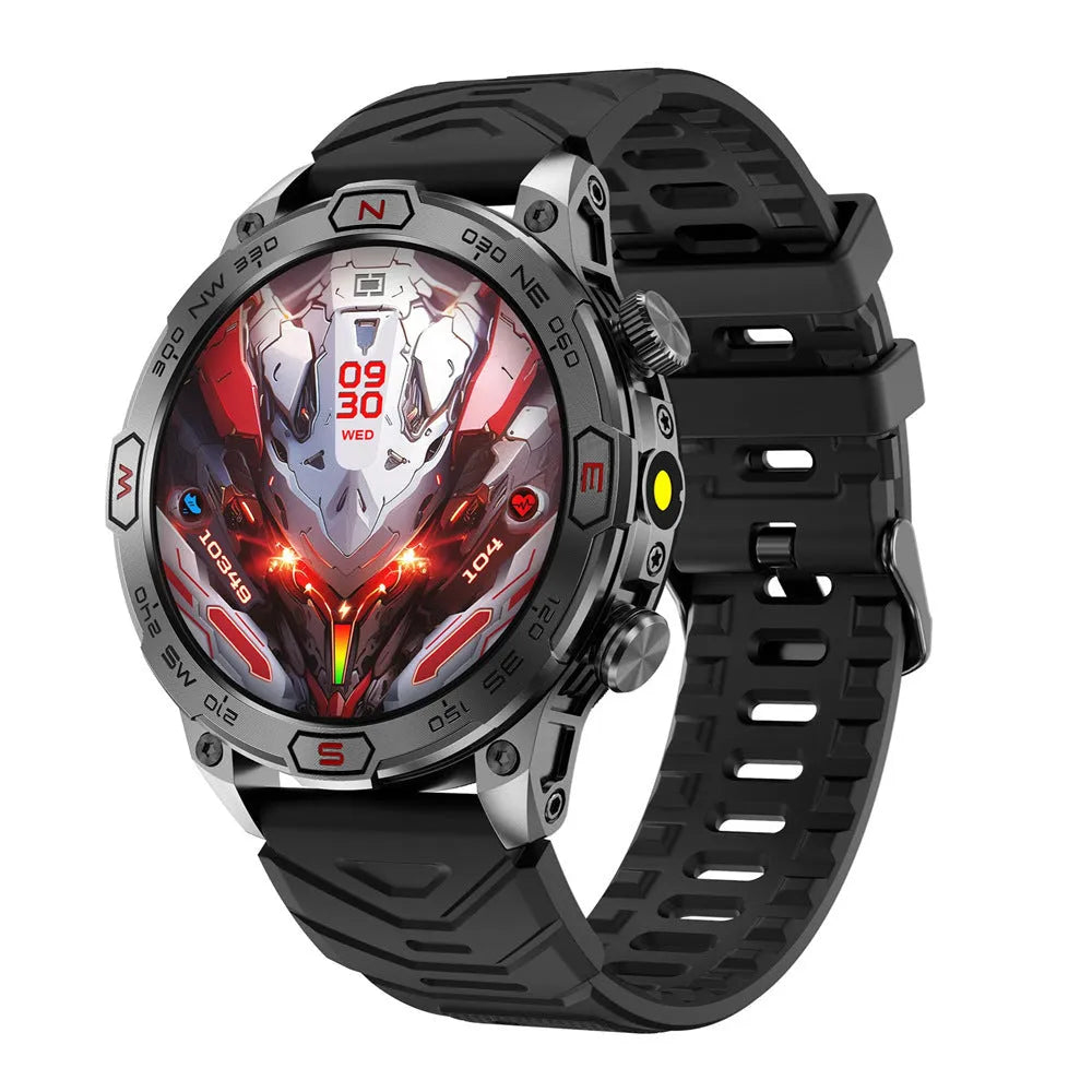 Black sports smartwatch with AMOLED screen displaying heart rate and time on a silicone strap.